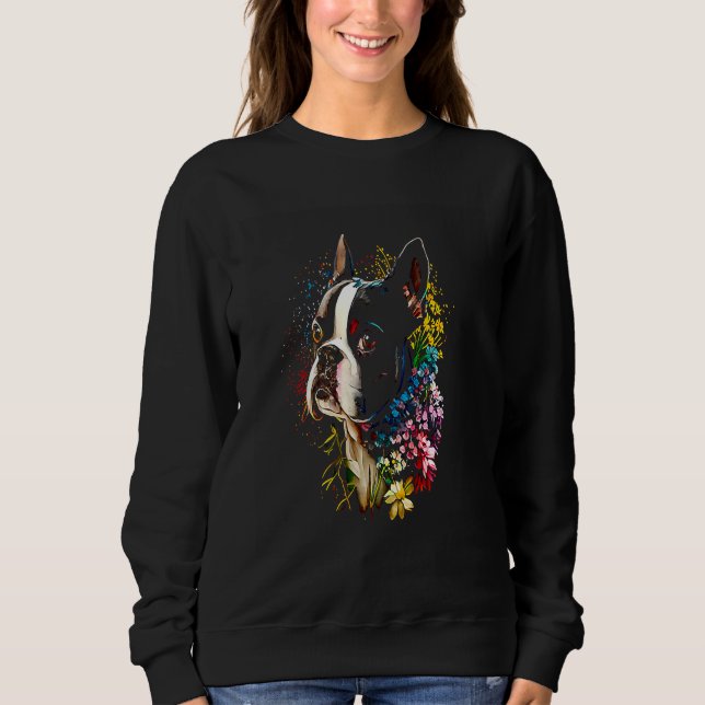 Watercolor Boston Terrier with flowers  Bostie  5 Sweatshirt (Vorderseite)