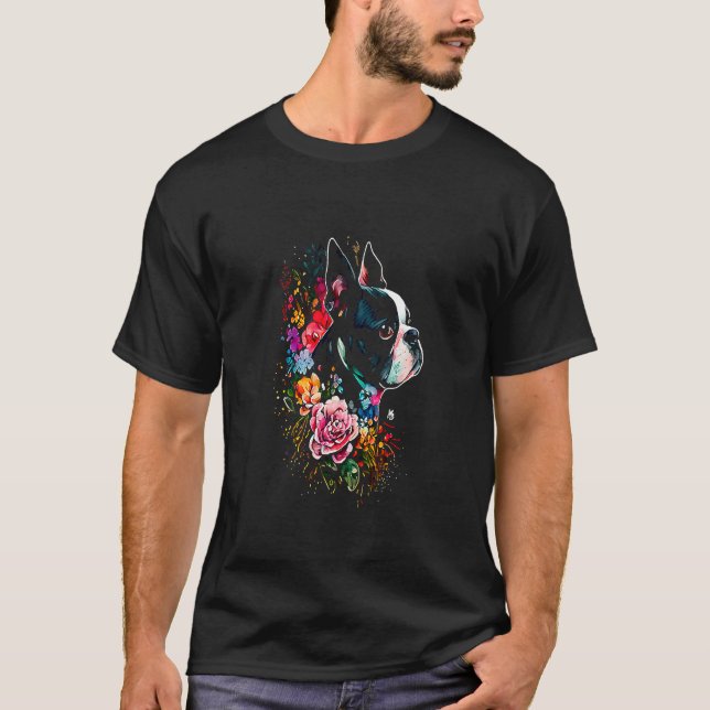 Watercolor Boston Terrier with flowers  Bostie  7 T-Shirt (Vorderseite)