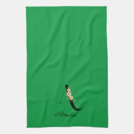 Watercolor botanical green initial monogram geschirrtuch