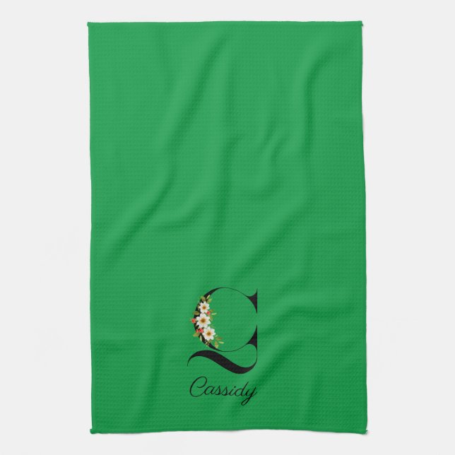 Watercolor botanical green initial monogram geschirrtuch (Vertikal)