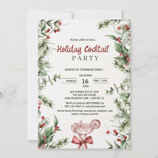 Watercolor Botanical Holiday Cocktail Party Einladung (Vorderseite)