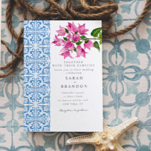 Watercolor Bougainvillea Blue tiles Wedding Einladung