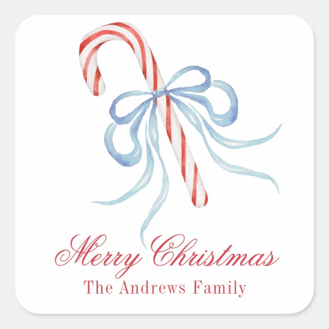 Watercolor Bow Candy Cane Quadratischer Aufkleber (Vorderseite)