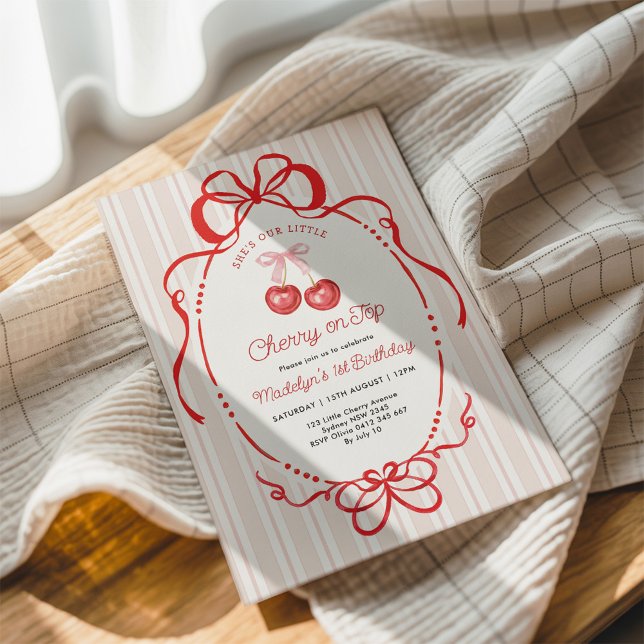 Watercolor Bow Cherry On Top Girl 1st Birthday Einladung (Von Creator hochgeladen)