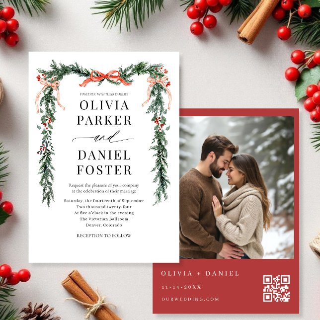 Watercolor Bow Christmas Photo QR Code Wedding Einladung (Von Creator hochgeladen)