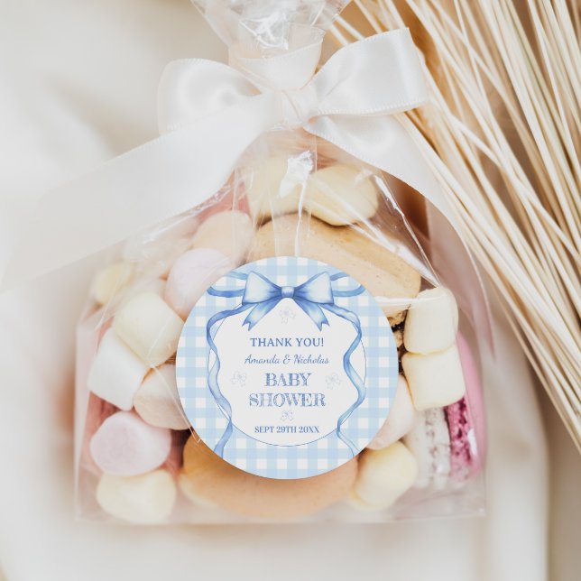 Watercolor Bow Gingham Blue Baby Boy Dusche Runder Aufkleber (Von Creator hochgeladen)