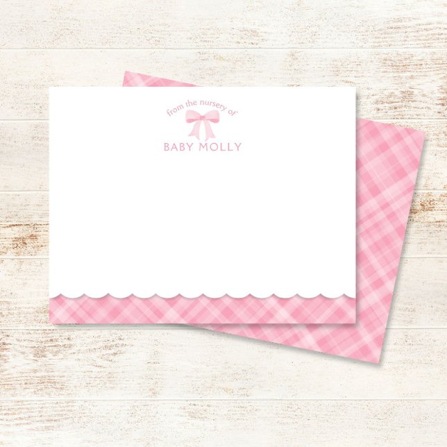 Watercolor Bow Preppy Pink Kariert Baby Note Card Mitteilungskarte (Von Creator hochgeladen)