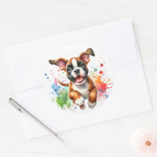 Watercolor Boxer Dog Joy Runder Aufkleber