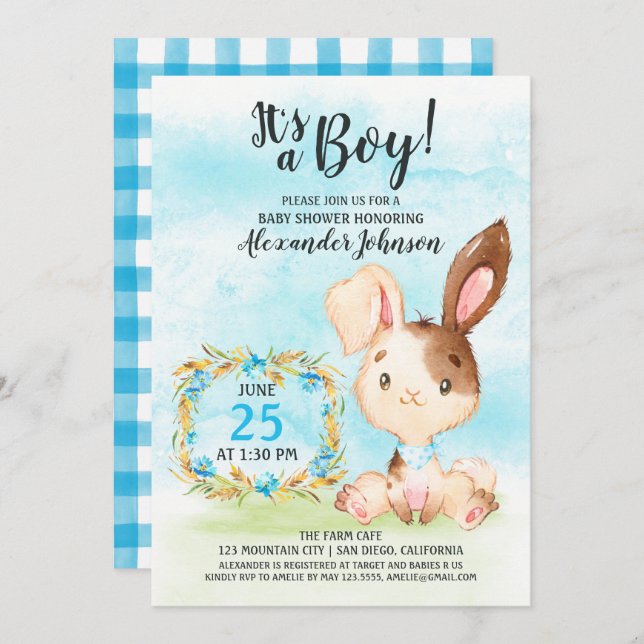 Watercolor Boy Bunny Baby Shower Farm Einladung (Vorne/Hinten)