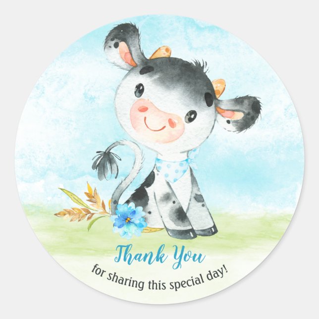 Watercolor Boy Cow Baby Showfarm Vielen Dank Runder Aufkleber (Vorderseite)