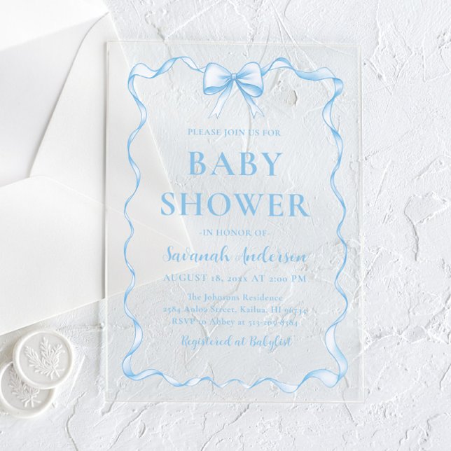 Watercolor Boy Ribbon Dusty Blue Bow Baby Dusche Acryleinladungen (Von Creator hochgeladen)