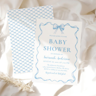 Watercolor Boy Ribbon Dusty Blue Bow Baby Dusche Einladung