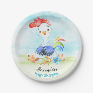 Watercolor Boy Rooster Baby Showfarm Pappteller