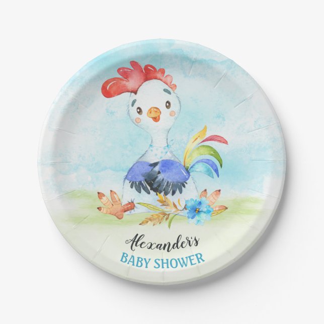 Watercolor Boy Rooster Baby Showfarm Pappteller (Vorderseite)