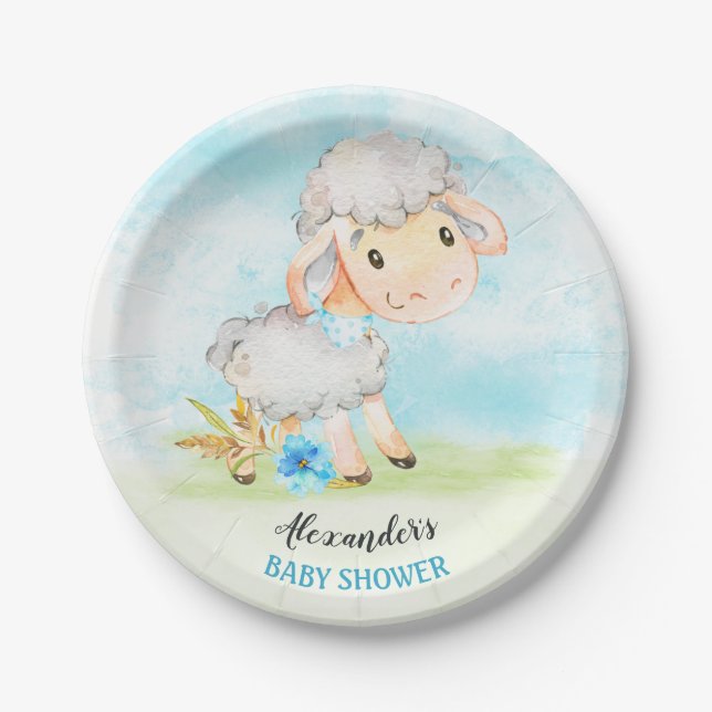 Watercolor Boy Sheep Baby Showfarm Pappteller (Vorderseite)