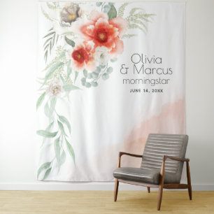 Watercolor Bright Coral Floral Wedding Prop Wandteppich