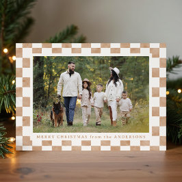 Watercolor Brown and Cream Gingham Christmas Foto Feiertagskarte