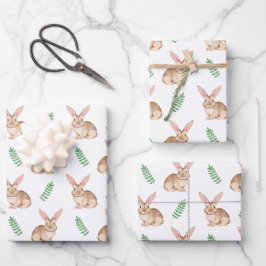 Watercolor Brown Easter Bunny And Greenery Pattern Geschenkpapier Set