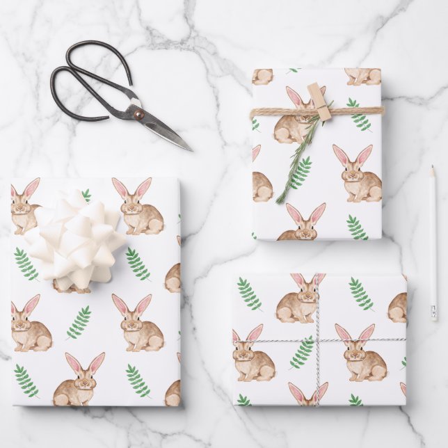Watercolor Brown Easter Bunny And Greenery Pattern Geschenkpapier Set (Vorderseite)