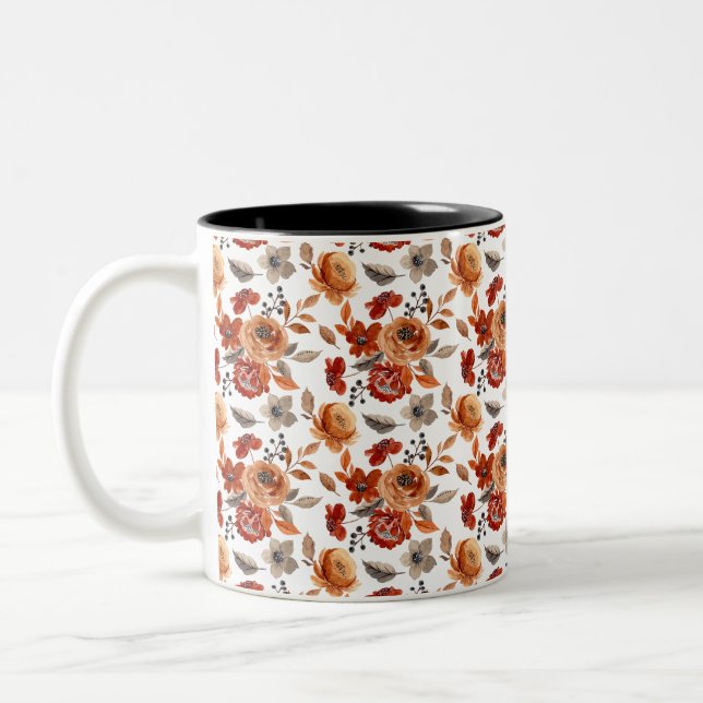 Watercolor Brown Floral Pattern Zweifarbige Tasse (Links)