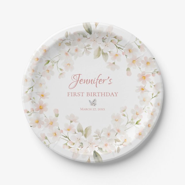 Watercolor Bunny and Floral First Birthday Pappteller (Vorderseite)