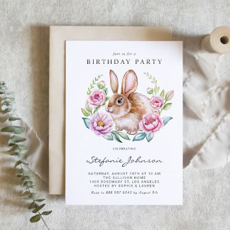 Watercolor Bunny and Pink Flowers Birthday Party Einladung