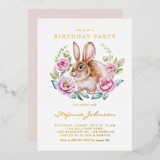 Watercolor Bunny and Pink Flowers Birthday Party Folieneinladung