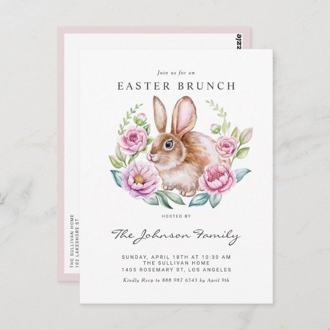 Watercolor Bunny and Pink Flowers Easter Party Postkarte (Vorne/Hinten)
