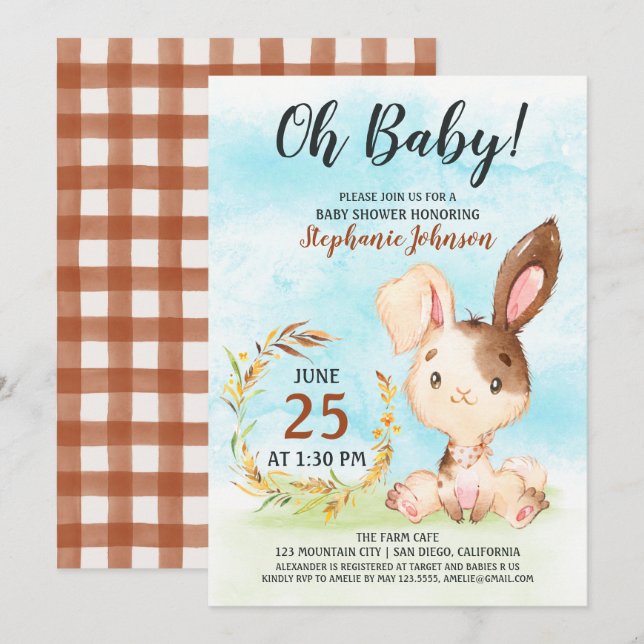 Watercolor Bunny Baby Shower Farm Einladung (Vorne/Hinten)