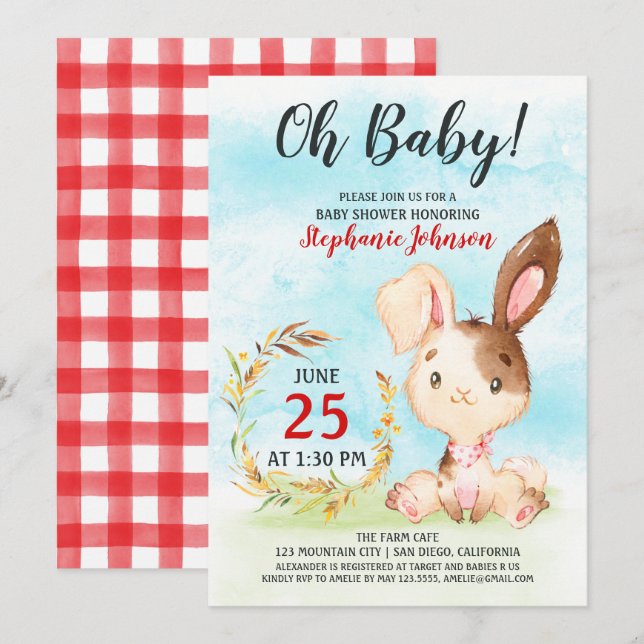 Watercolor Bunny Baby Shower Farm Einladung (Vorne/Hinten)