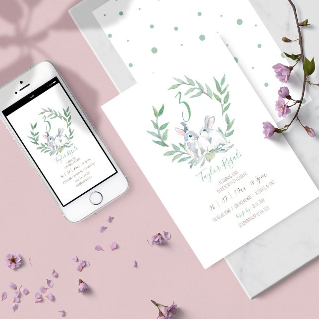 Watercolor Bunny Birthday Einladungen online (kids birthday party invitation gender neutral bunny watercolor art by Victoria Grigaliunas)