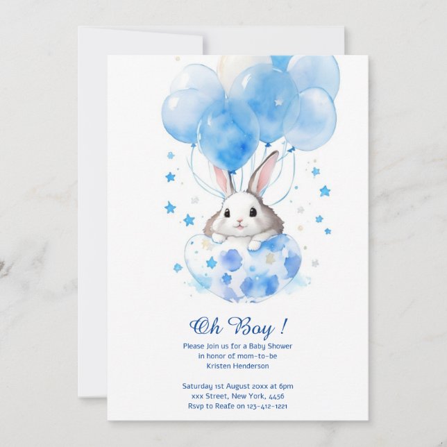Watercolor Bunny Boy Baby Dusche Einladung (Vorderseite)