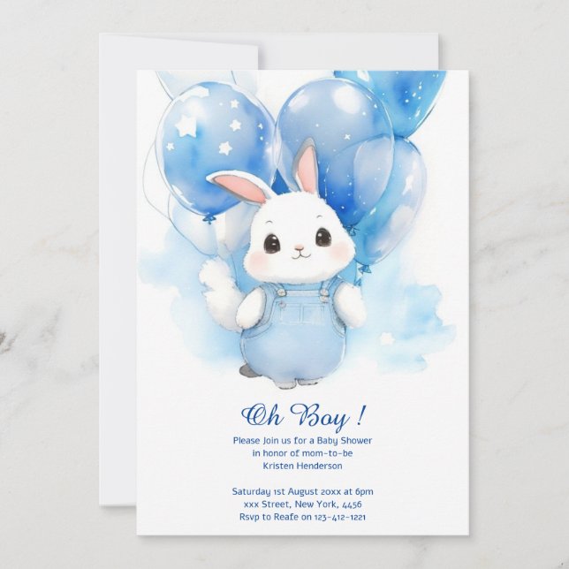 Watercolor Bunny Boy Baby Dusche Einladung (Vorderseite)
