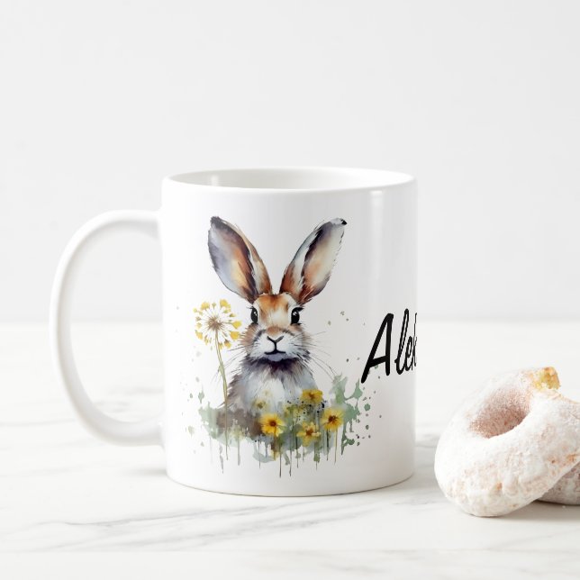 Watercolor Bunny Dandelion Persönliche Umarmung Kaffeetasse (Mit Donut)