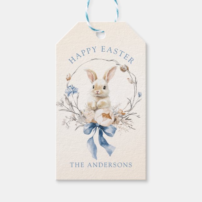 Watercolor Bunny Flowers Blue Bow Spring Geschenkanhänger (Vorderseite)