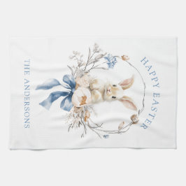 Watercolor Bunny Flowers Blue Bow Spring Geschirrtuch