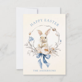 Watercolor Bunny Flowers Blue Bow Spring Karte