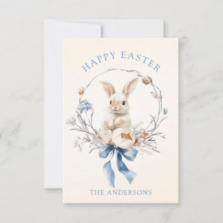 Watercolor Bunny Flowers Blue Bow Spring Karte
