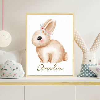 Watercolor Bunny Nursery Print Floral Woodland Poster