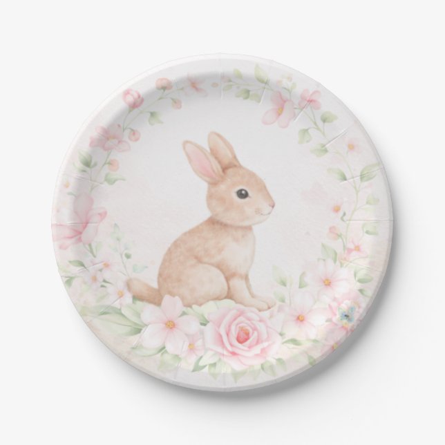 Watercolor Bunny Rabbit Floral Wreath Baby Shower Pappteller (Vorderseite)