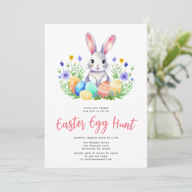 Watercolor Bunny Rabbit Ostereier Jagd Einladung (Stehend Vorderseite)