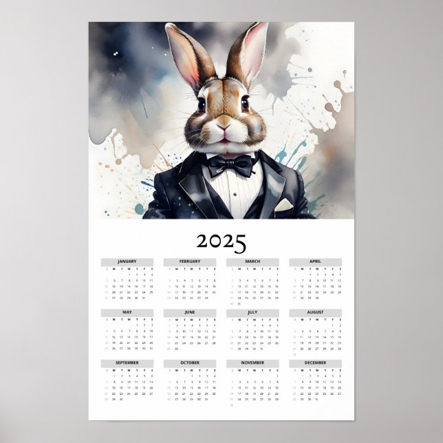 Watercolor Bunny Tuxedo Bow Krawatte 2025 Mauerkal Poster (Vorne)