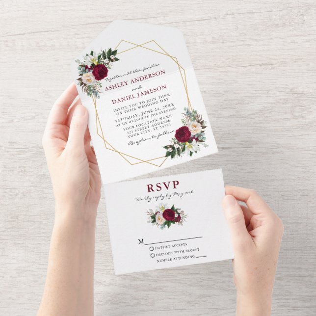 Watercolor Burgund Blumengrün Wedding Geo All In One Einladung (Abreißen)