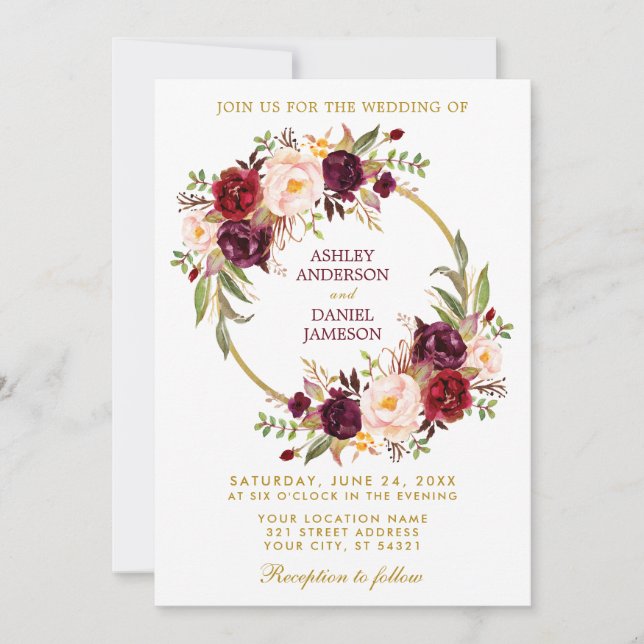 Watercolor Burgund Blumenreath Gold Wedding Einladung (Vorderseite)