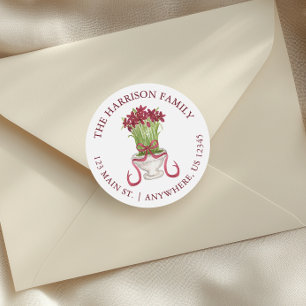 Watercolor Burgundy Amaryllis Weihnachtsadresse Runder Aufkleber