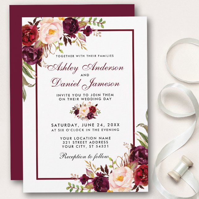 Watercolor Burgundy Bloral Wedding Einladung (Customize to change text color, style, add text & photos to back or change color of back of card.)