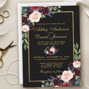 Watercolor Burgundy Blue Floral Black Gold Wedding Einladung