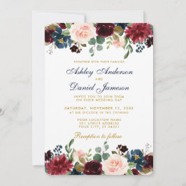 Watercolor Burgundy Blue Floral Elegante Wedding G Einladung