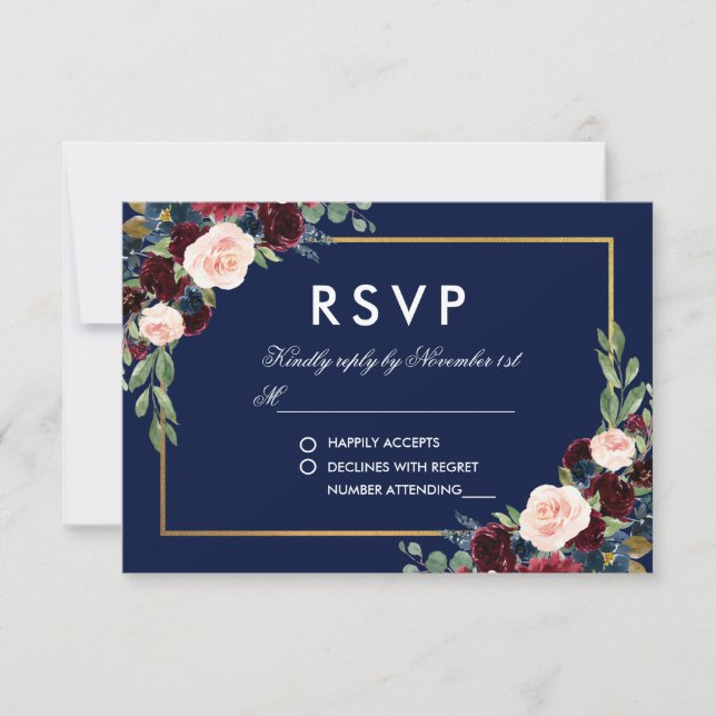 Watercolor Burgundy Blue Floral Gold UAWG RSVP Karte (Vorderseite)