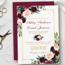 Watercolor Burgundy Blue Floral Gold Wedding BG